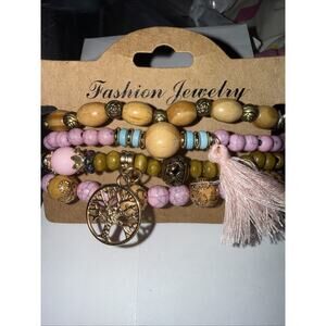 NWT Set Of Four Beaded Stretch Bracelets With Tree Of Life Charm And Pink Tassel